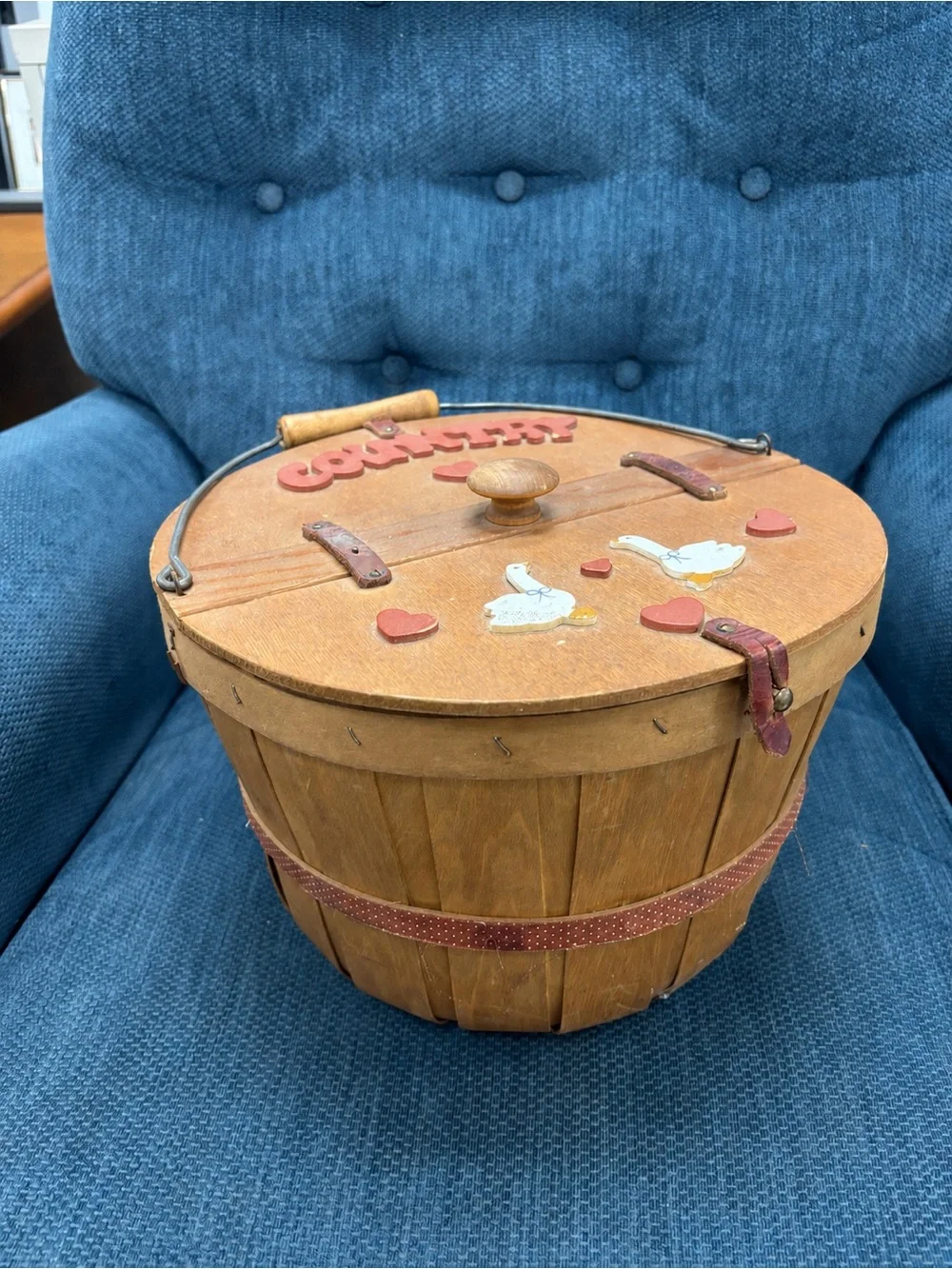 Vintage Country Folk Art Wooden Basket Box with Goose & Heart Details